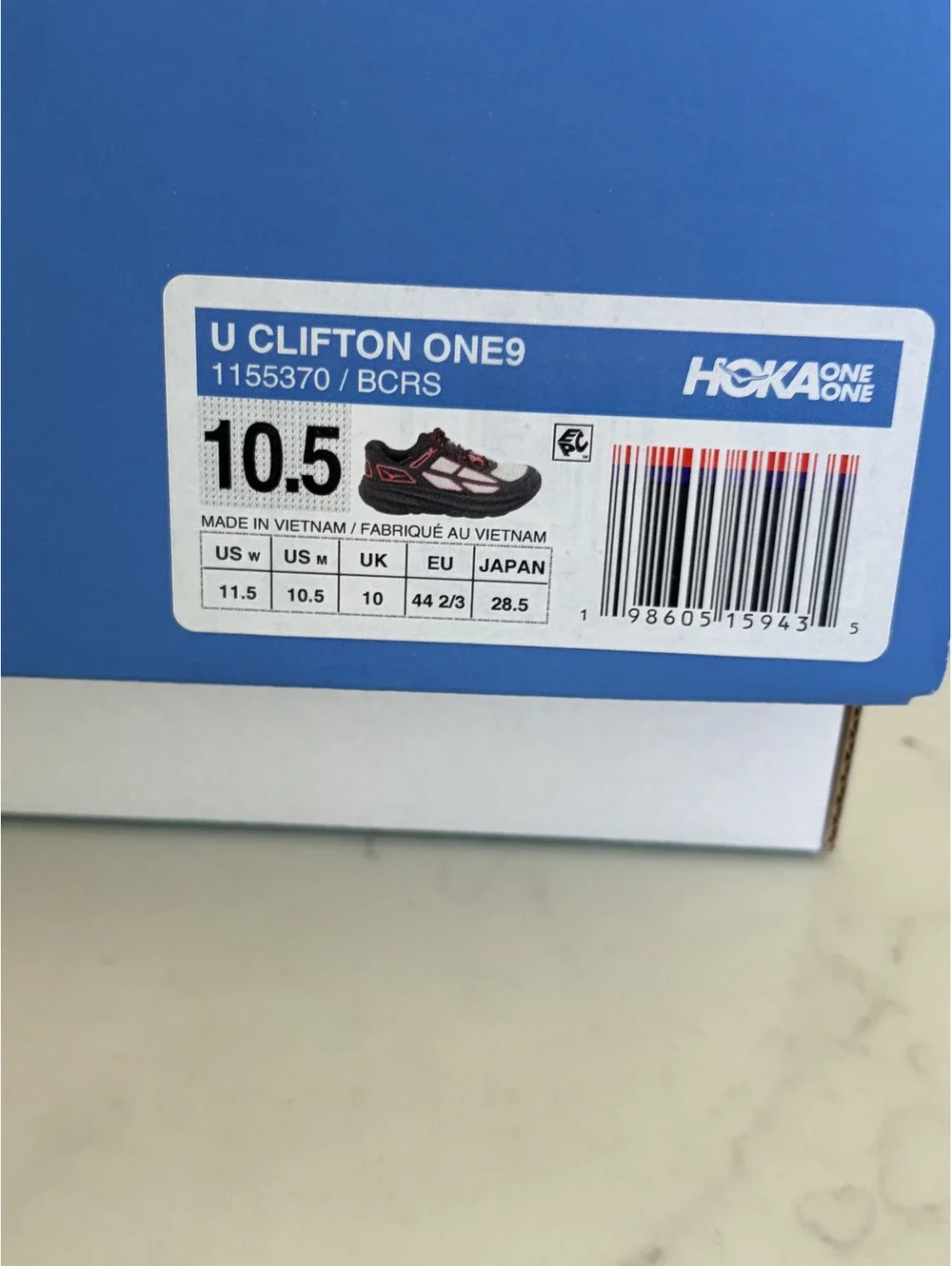 HOKA ONE ONE U Clifton One9 Men's Running Shoes Size 10.5 Black White Red Mesh